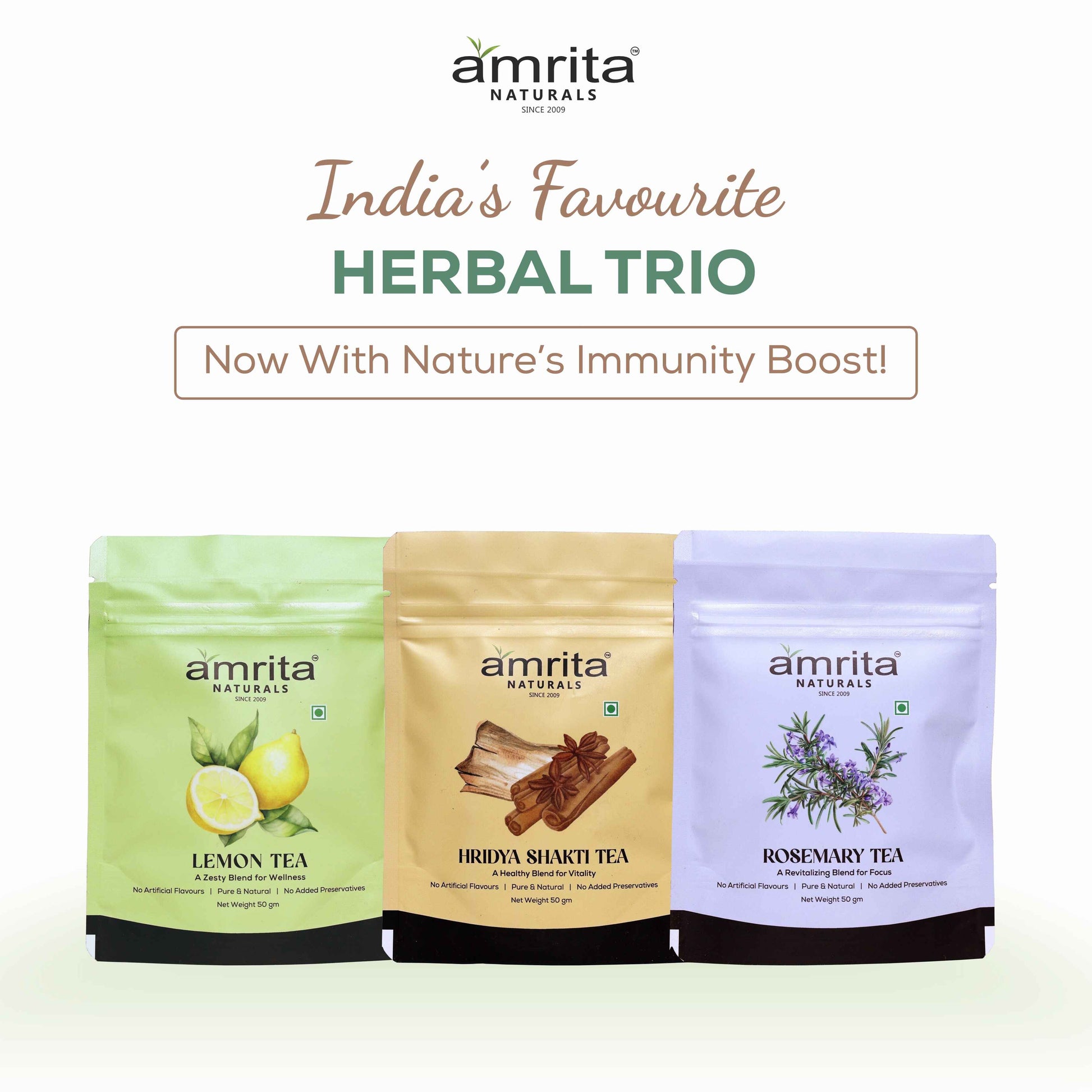Herbal Trio- First in segment Lemon, Rosemary and Hridyashakti Herbal Tea 150g Amrita Naturals
