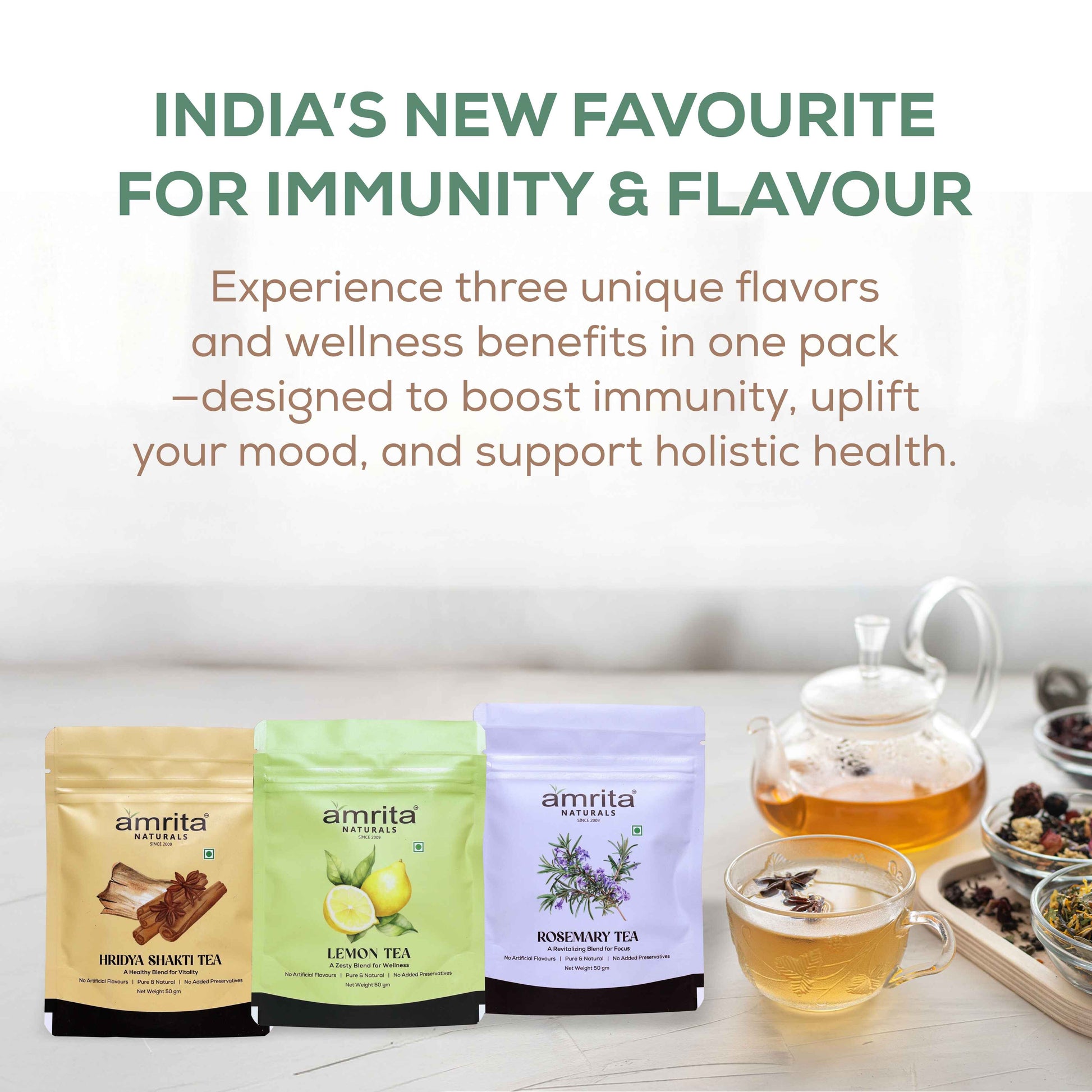Herbal Trio- First in segment Lemon, Rosemary and Hridyashakti Herbal Tea 150g Amrita Naturals