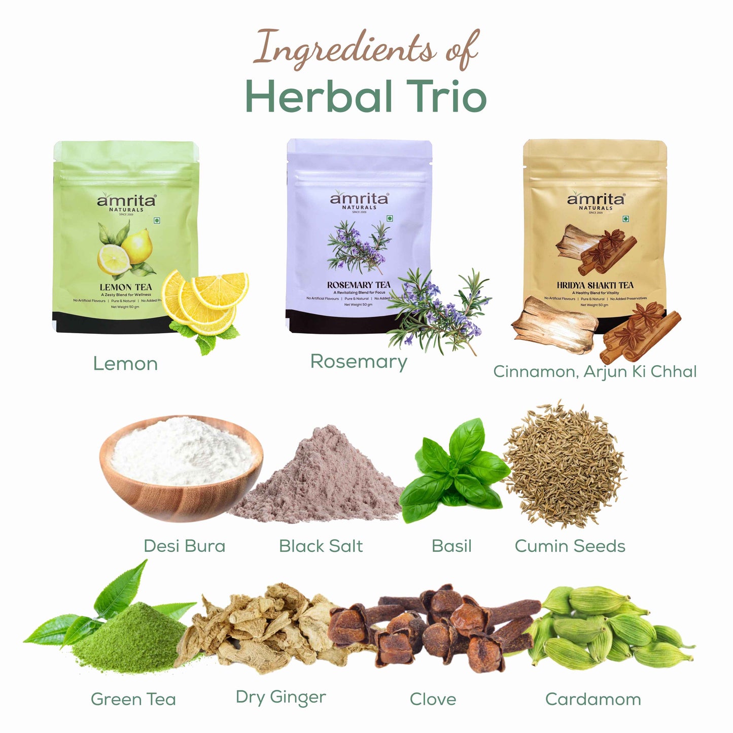 Herbal Trio- First in segment Lemon, Rosemary and Hridyashakti Herbal Tea 150g Amrita Naturals