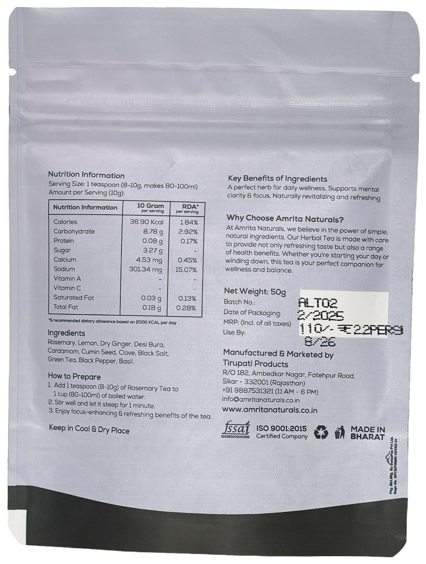 Herbal Trio- First in segment Lemon, Rosemary and Hridyashakti Herbal Tea 150g Amrita Naturals