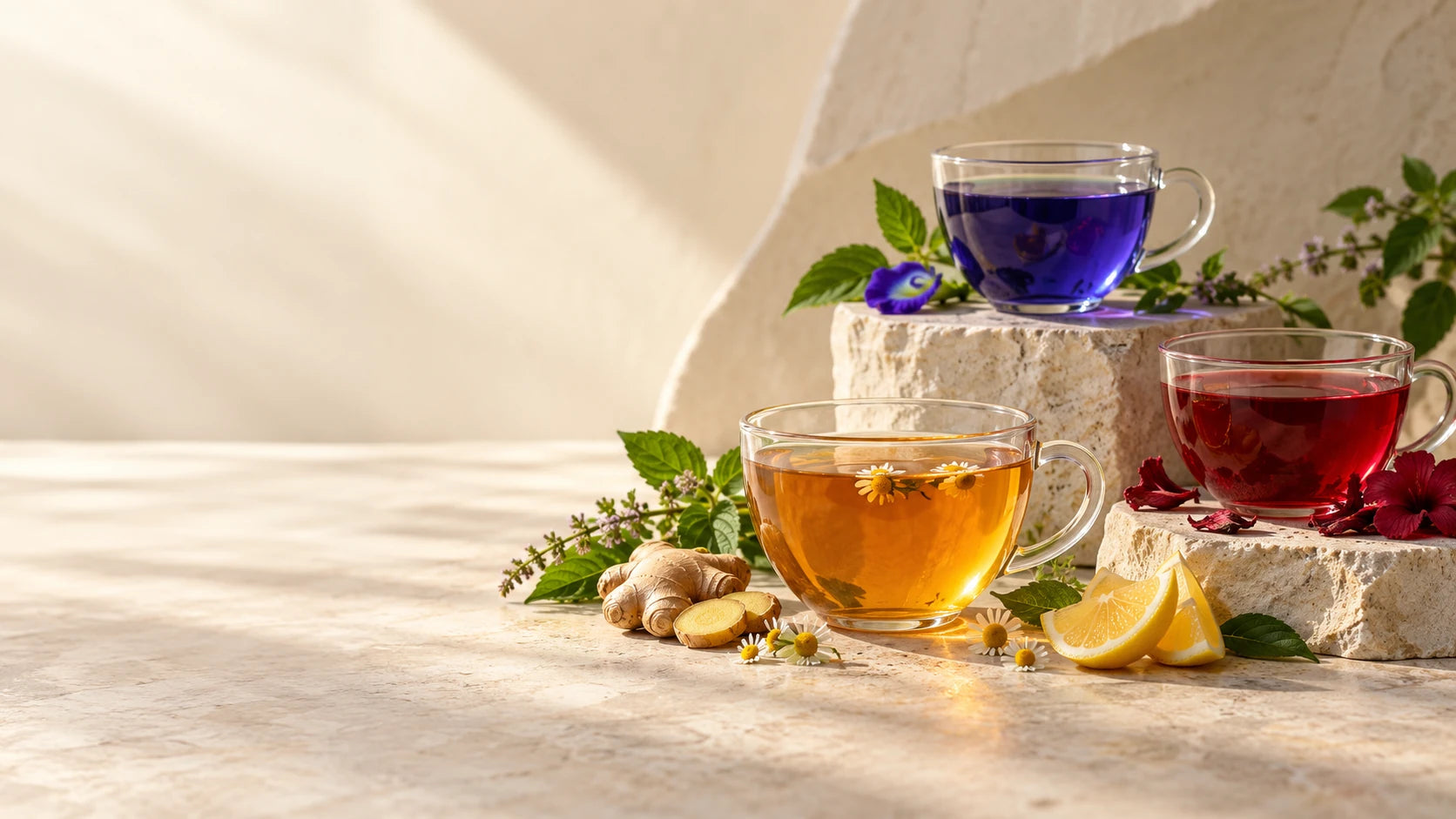 Colourful herbal infusions with lemon, ginger and flowers